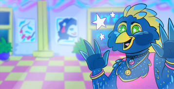 New Years Furry Ball 2026 (GOH/Featured artist): Megamall Shopping Spree! Con badge artwork.